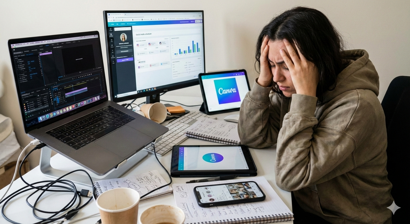 frustrated user juggling multiple content creation tools,