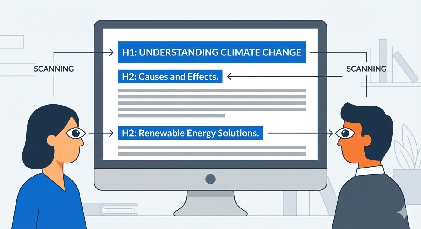 Readers skimming content with clear H1 and H2 tags