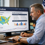 A photorealistic depiction of a business owner using Vyndow's AI-driven platform for strategic planning.