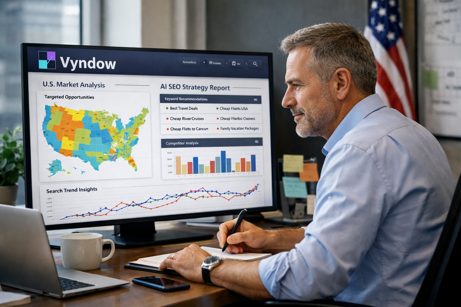 A photorealistic depiction of a business owner using Vyndow's AI-driven platform for strategic planning.