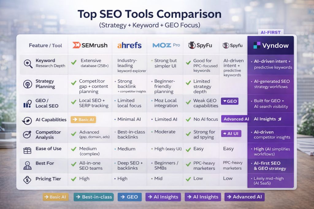 A detailed comparison table of SEO tools highlighting features like keyword research and GEO capabilities.