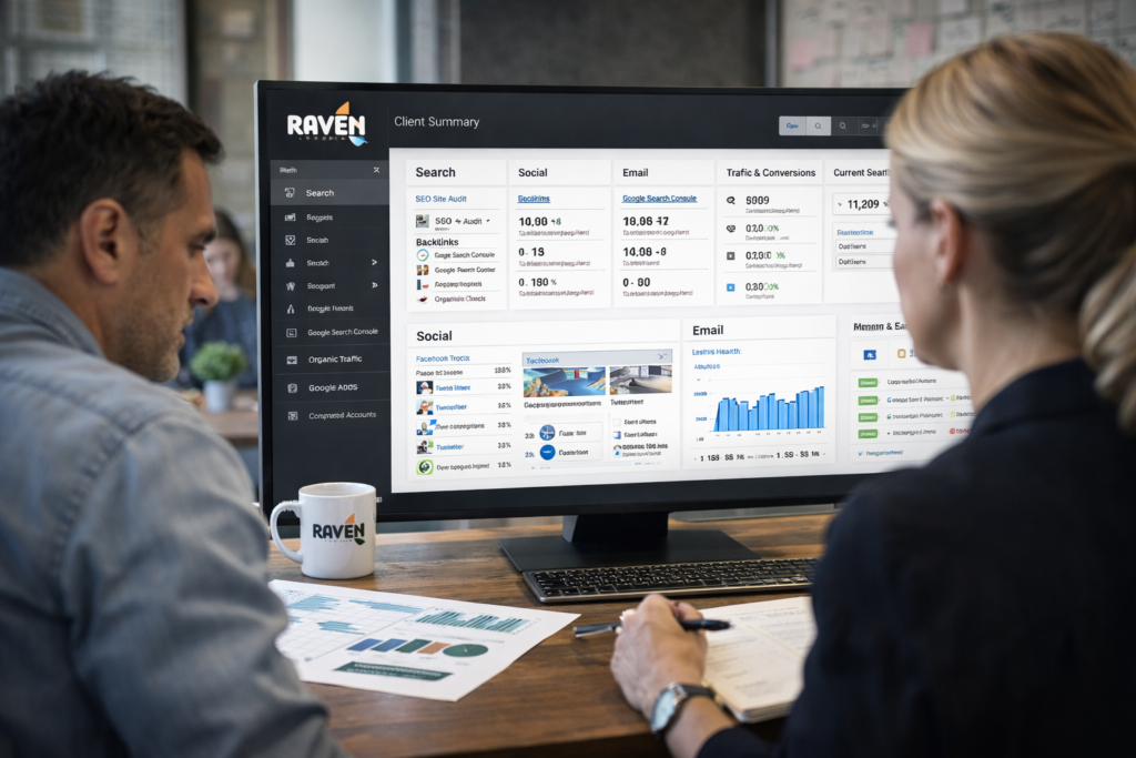 An image showing a digital marketing agency using Raven Tools for integrated marketing metrics.