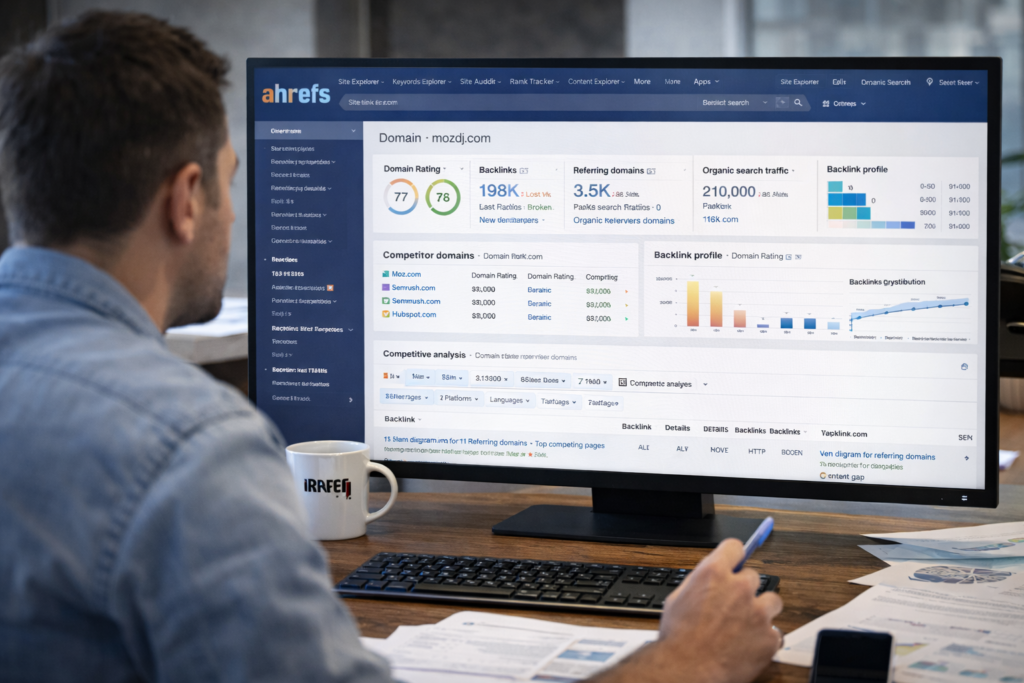 A photorealistic image of an SEO analyst working with Ahrefs for backlink analysis and site audits.