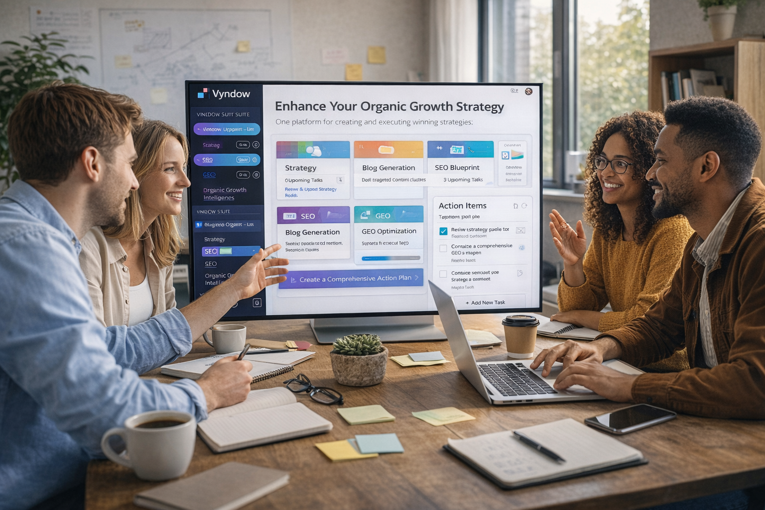 An illustration of a solo marketer working with Vyndow's AI-driven tools.