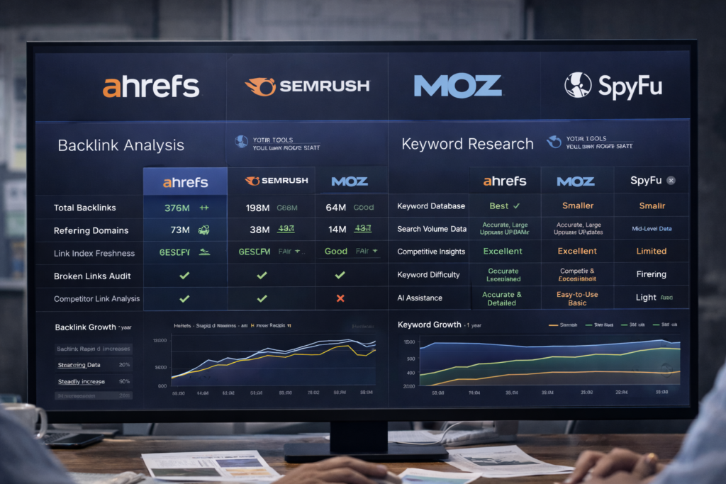 A detailed comparison table showing the strengths and weaknesses of Ahrefs and its alternatives in various SEO aspects.