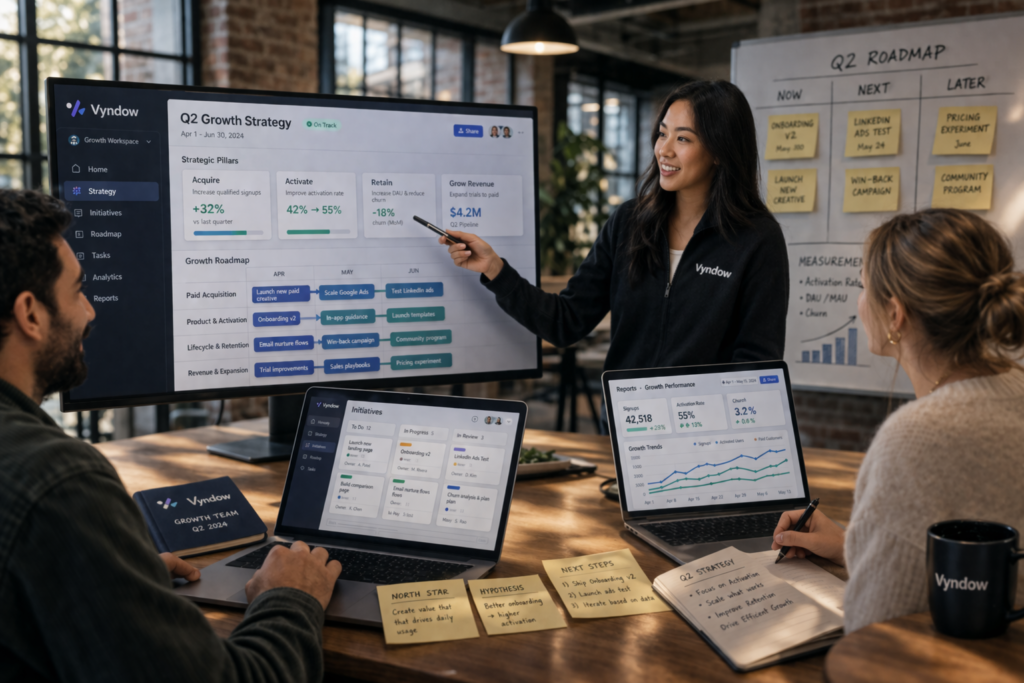 An engaging scene of a team discussing SEO strategies, highlighting the collaborative aspect of using tools like SEMrush or Vyndow.
