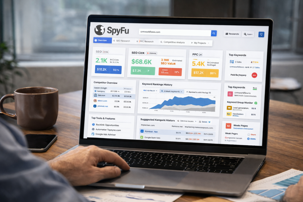 A photorealistic visual of a person using a laptop, representing the user-friendly interface of SpyFu for budget-conscious users.