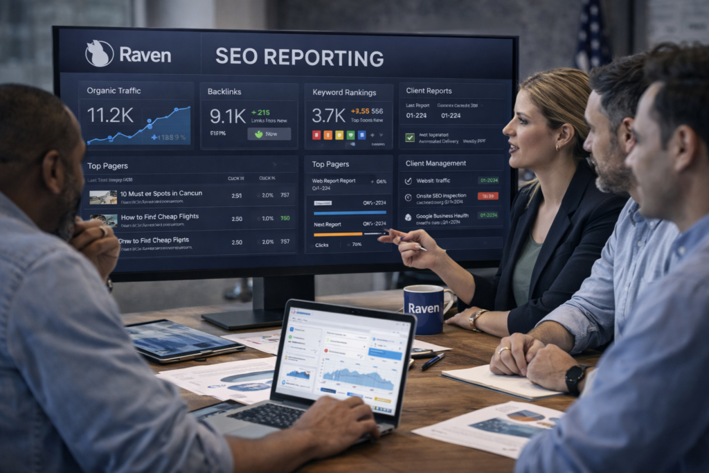 A photorealistic representation of a business meeting, emphasizing the reporting and client management capabilities of Raven Tools.