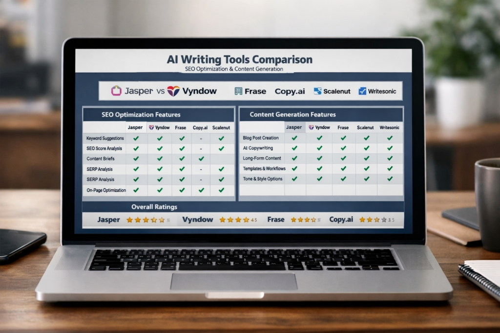 . A comparison table showing different AI writing tools with their features and capabilities for SEO blog writing.