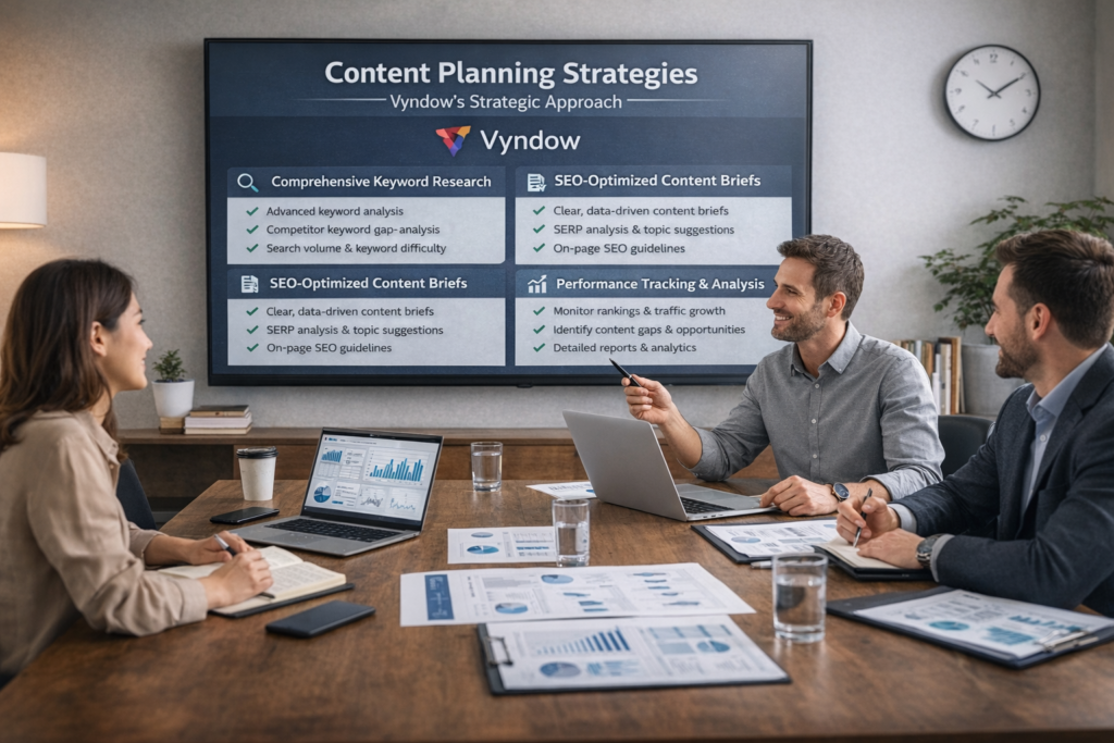 A detailed overview of a content planning and SEO integration process, highlighting the strengths of Vyndow.