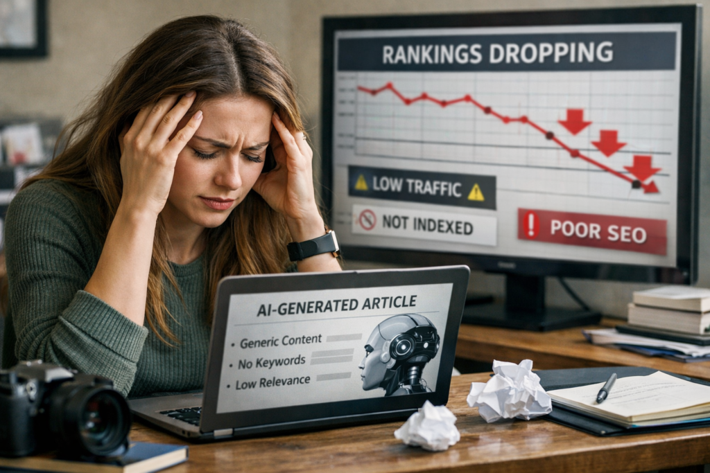 Illustration of the challenges faced by AI-generated content in ranking without proper SEO strategies.