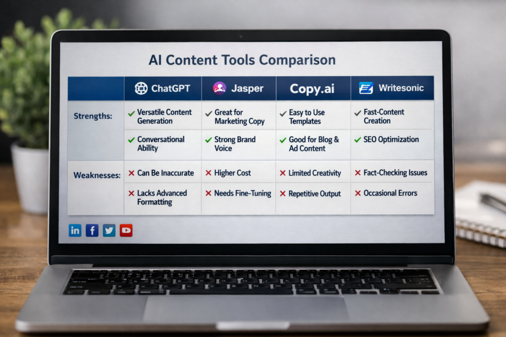 A comparison table showing the strengths and weaknesses of different AI content tools in a visually engaging format.