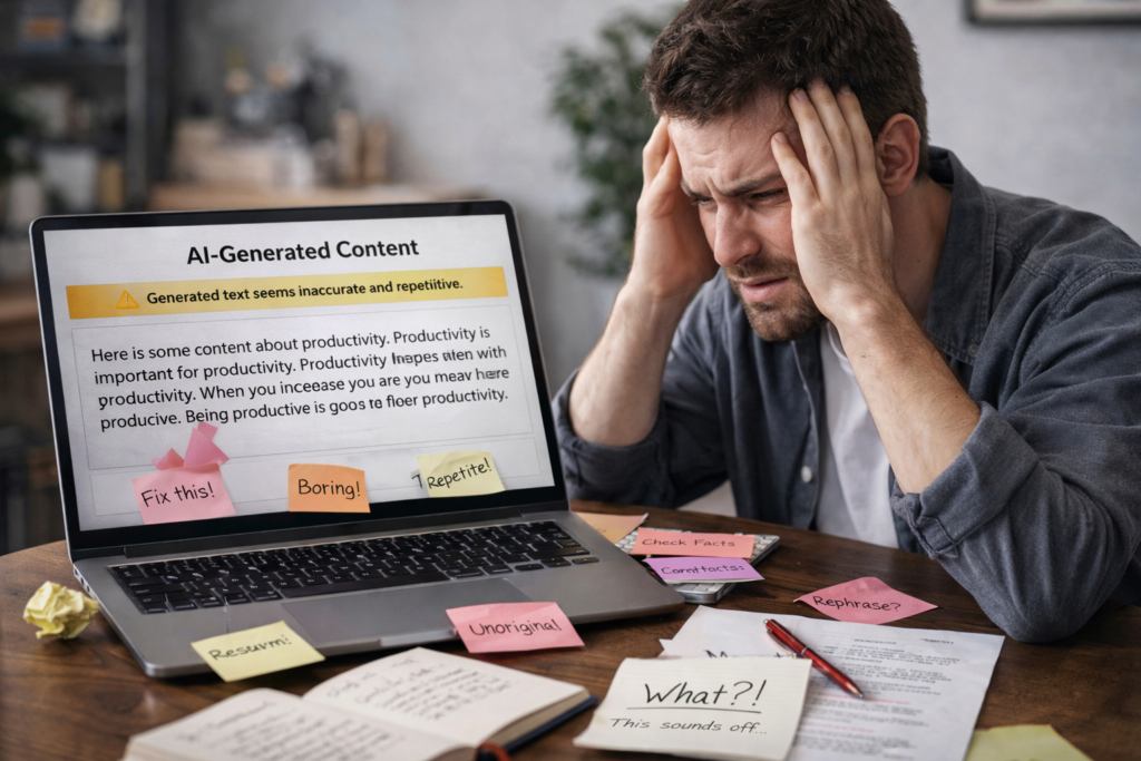 . An image depicting a frustrated content creator struggling with generic AI outputs, highlighting the need for better alternatives.