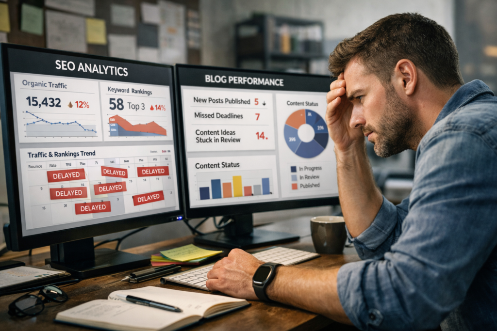 A content marketer reviewing a blog pipeline on a computer screen, focusing on SEO optimization.