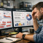 A content marketer reviewing a blog pipeline on a computer screen, focusing on SEO optimization.