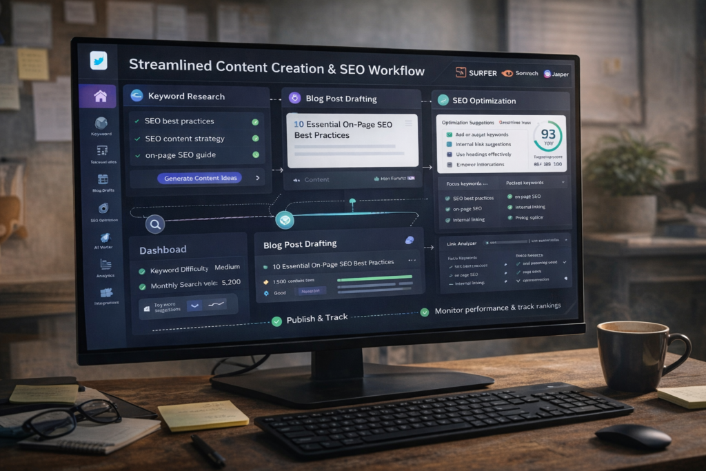 An illustration of a seamless workflow, depicting integrated content creation and SEO processes.