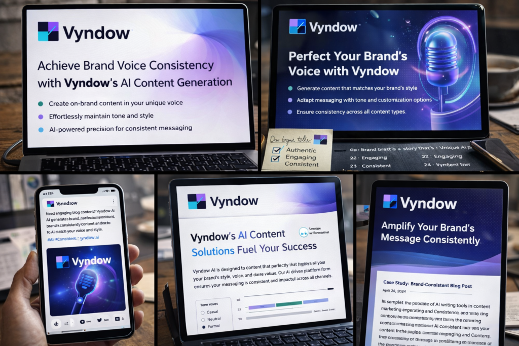 A creative representation of brand voice consistency, showing diverse content pieces aligned with a single brand tone.