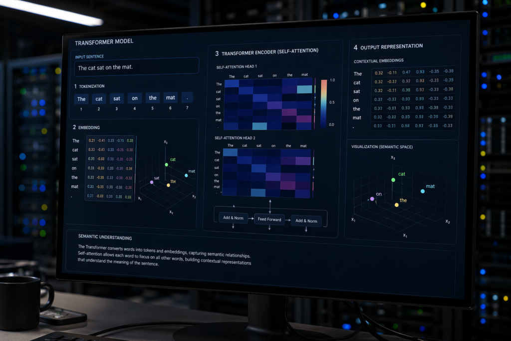 A digital representation of the Transformer model, illustrating how words are converted into tokens and embeddings.