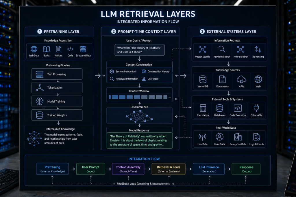 A diagram showcasing the layers of LLM retrieval, including pretraining, prompt-time context, and external retrieval systems.