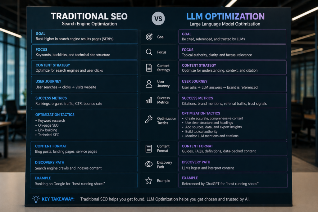 A comparison chart illustrating the differences between traditional SEO strategies and LLM optimization techniques.