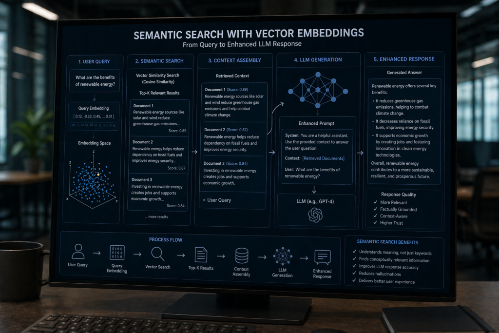 An illustration of a semantic search process using vector embeddings to enhance LLM responses.
