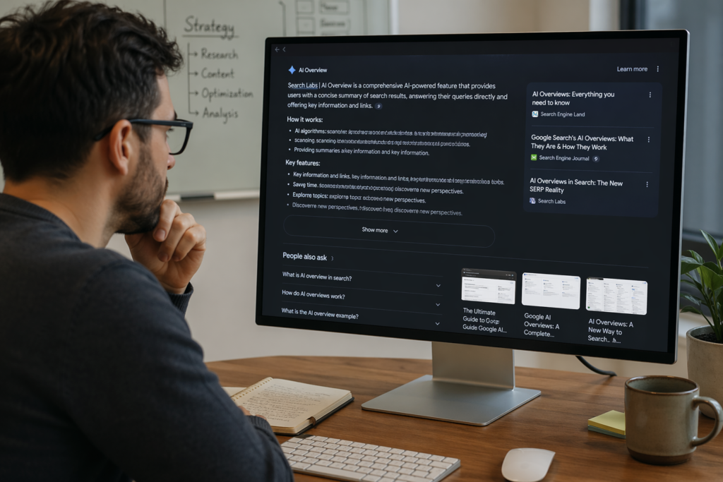 A digital marketer analyzing AI-generated search results on a computer screen.