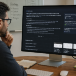 A digital marketer analyzing AI-generated search results on a computer screen.