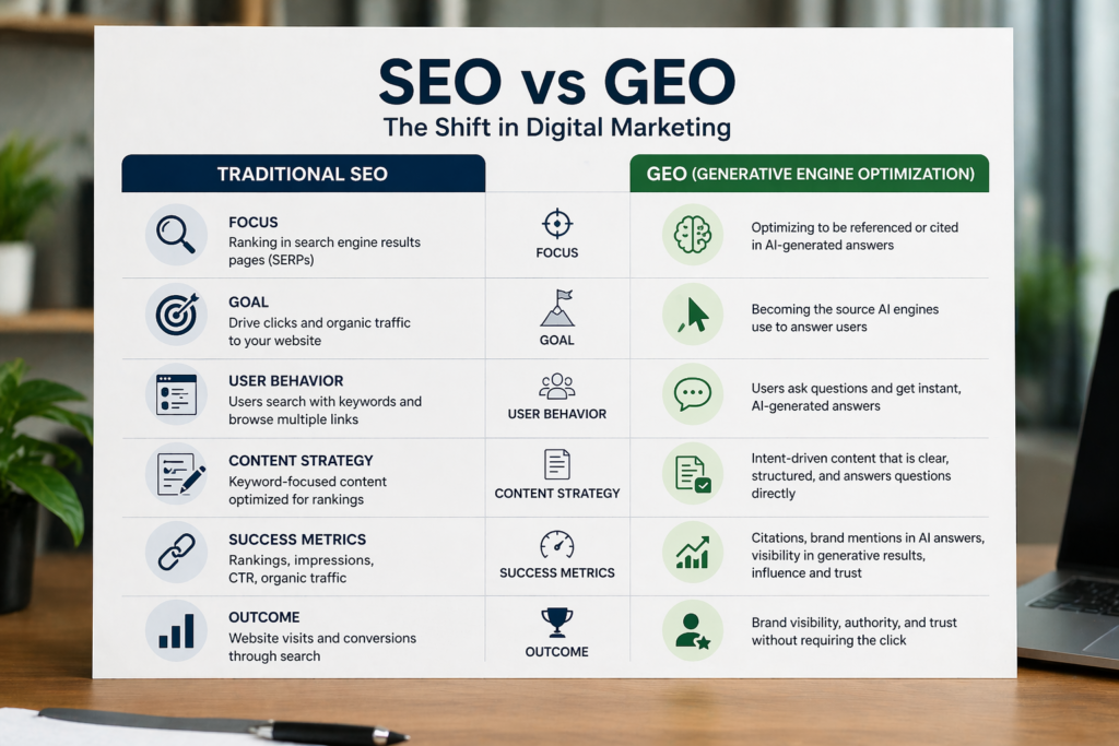 A comparison chart showing the differences between traditional SEO and GEO strategies.