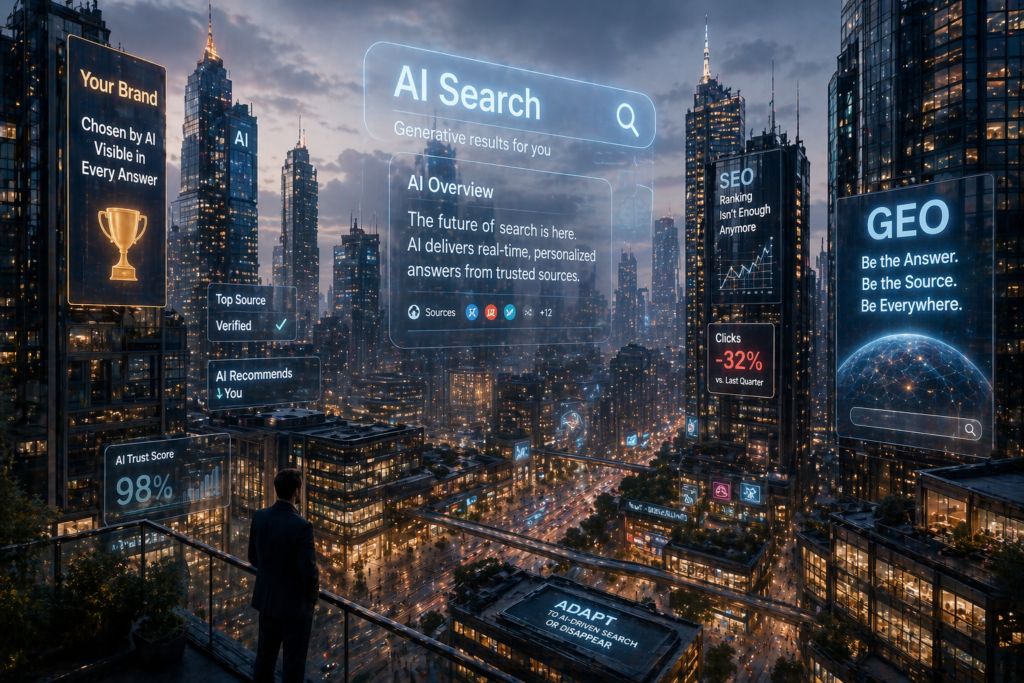 A futuristic cityscape representing the evolving landscape of AI-driven search.