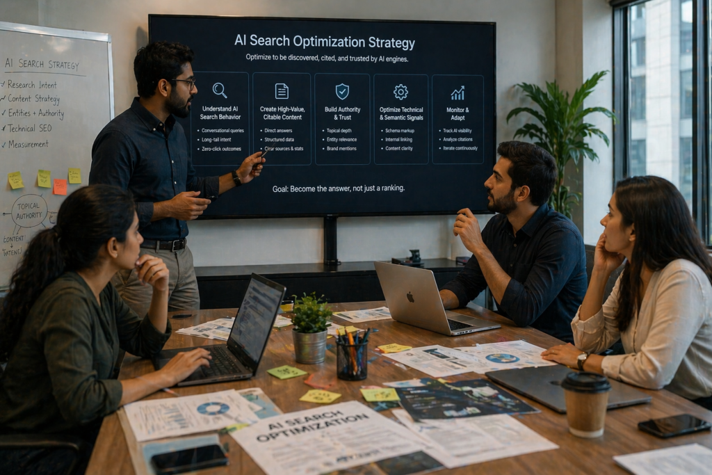 A team of strategists discussing AI search optimization techniques in an office setting