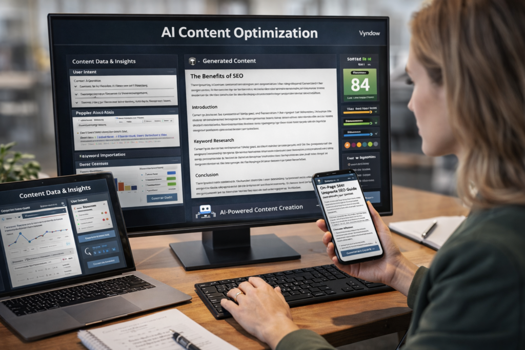 An illustration of a digital workflow integrating strategy, planning, and execution, representing Vyndow's comprehensive SEO system.