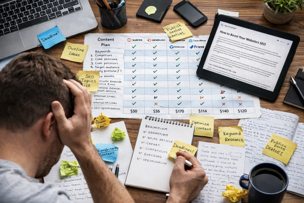 A pricing comparison chart showing different starting prices for SEO tools.