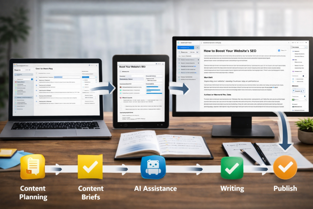 An illustration of a seamless content workflow system integrating planning and execution.
