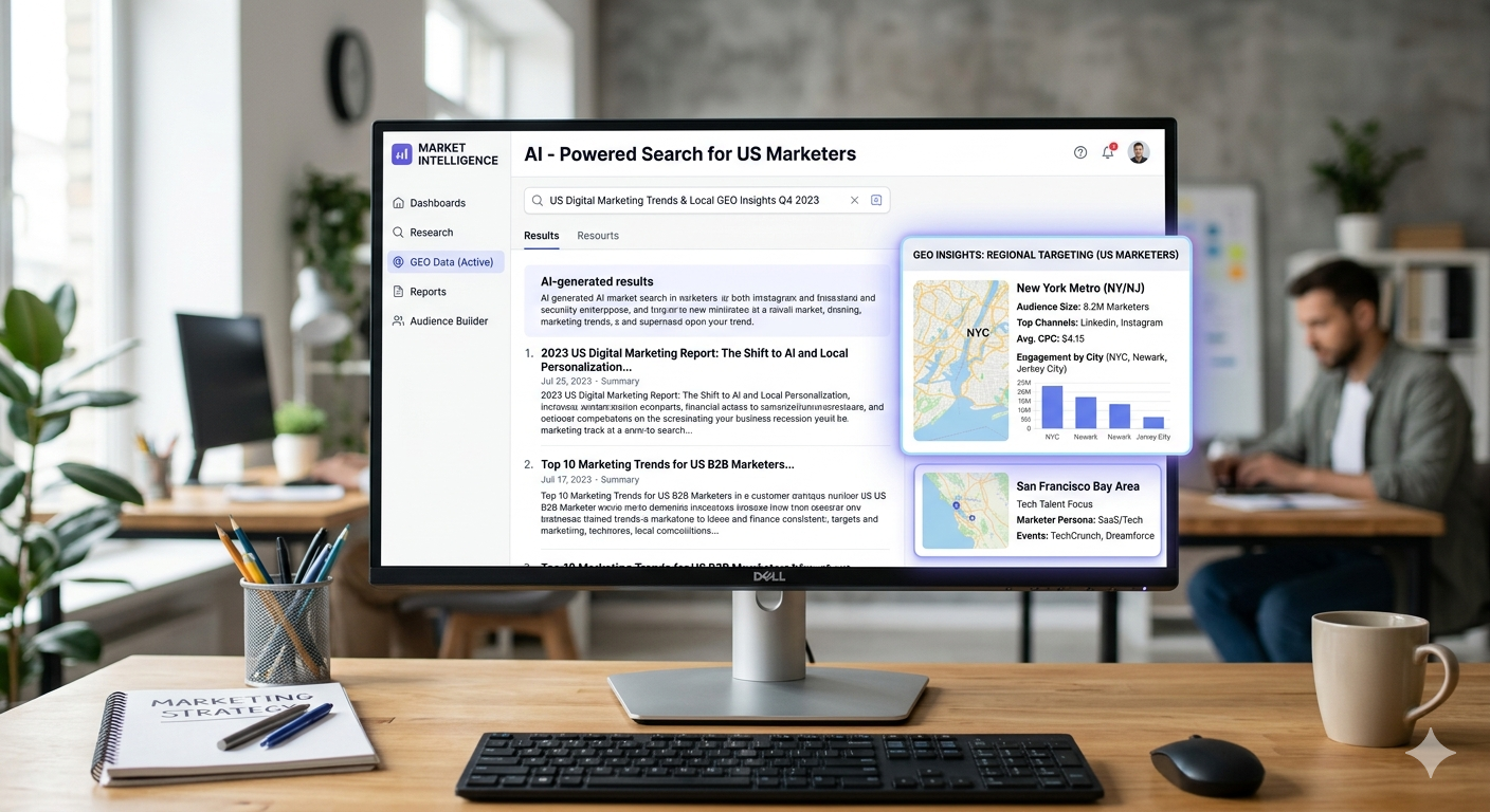 A digital interface displaying AI-driven search results with highlighted content blocks for GEO.