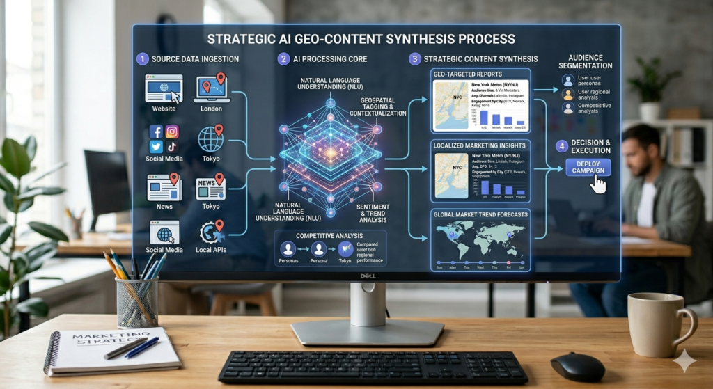 A conceptual diagram illustrating the process of content retrieval and synthesis by AI engines, emphasizing GEO principles.